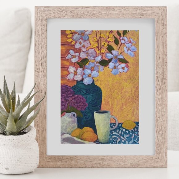 Colorful Kitchen Still Life Lemons, Tea, & Flowers Art Print for Farmhouse Decor - Picture 3 of 10